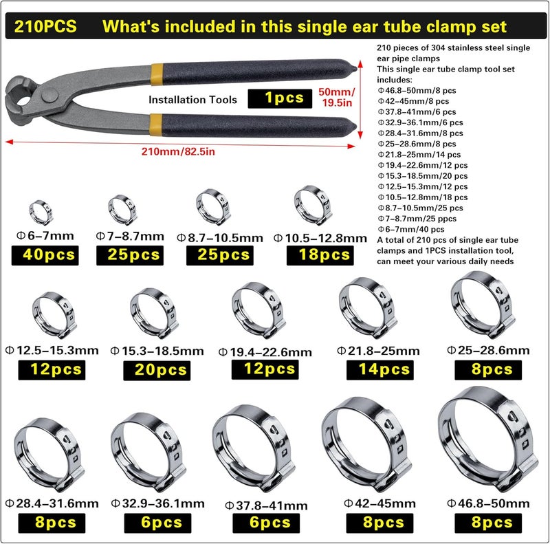 AskWay Single Ear Hose Clamp 6-50Mm 210 Pcs 14 Sizes, 304 Stainless Steel Stepless Hose Clamp, Suitable For Pex Pipe Connection, Automotive, Pipeline, Garden And Industrial Use - Image 3
